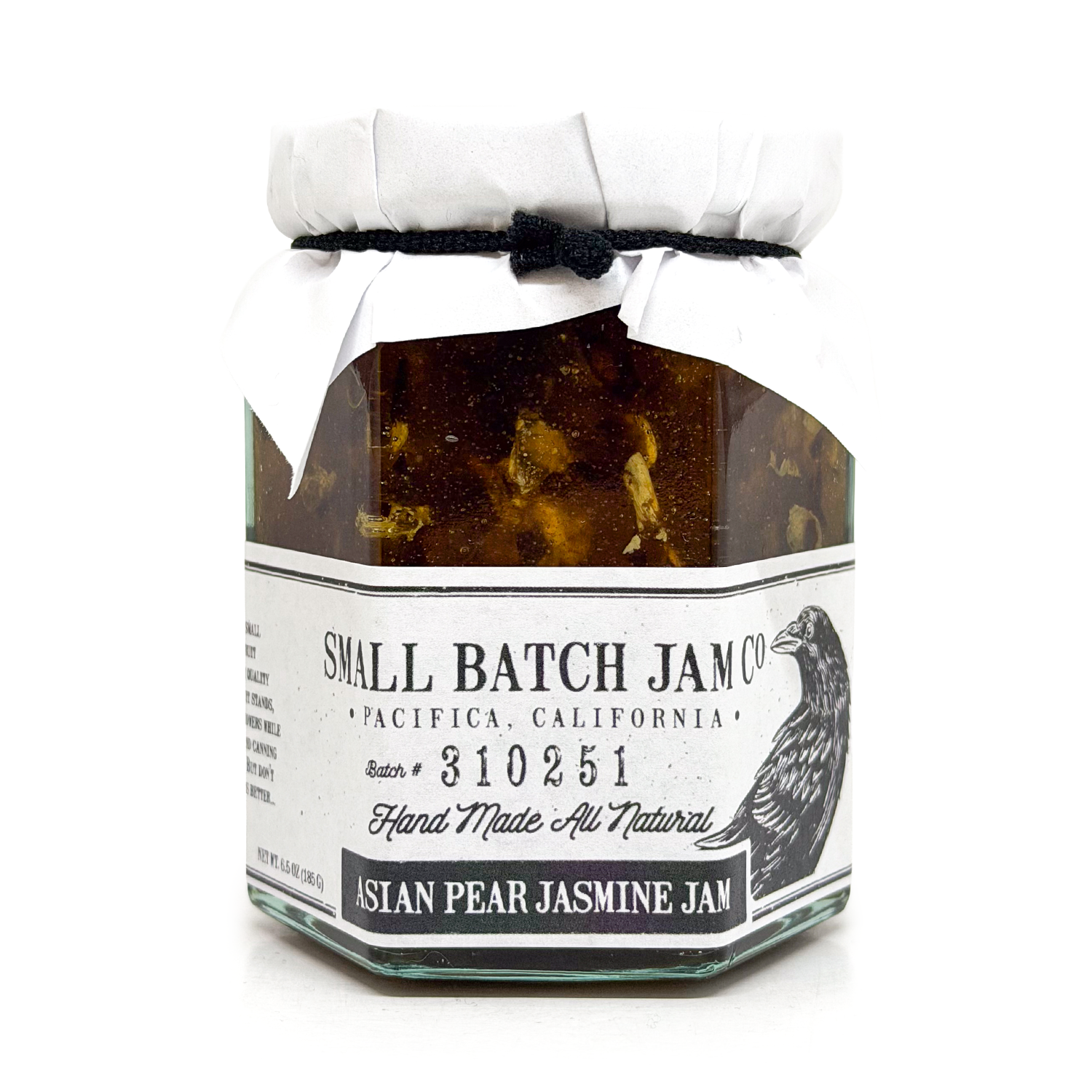 Jar of Asian Pear Jasmine Jam with a label on a white background